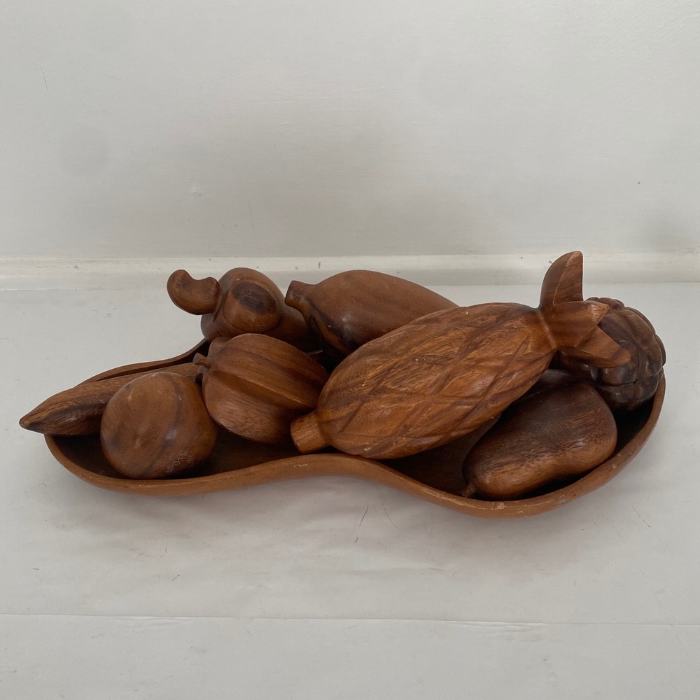Vintage MCM Monkey Pod Wood Bowl with Fruit,‎ Hand Carved Display Tray Set